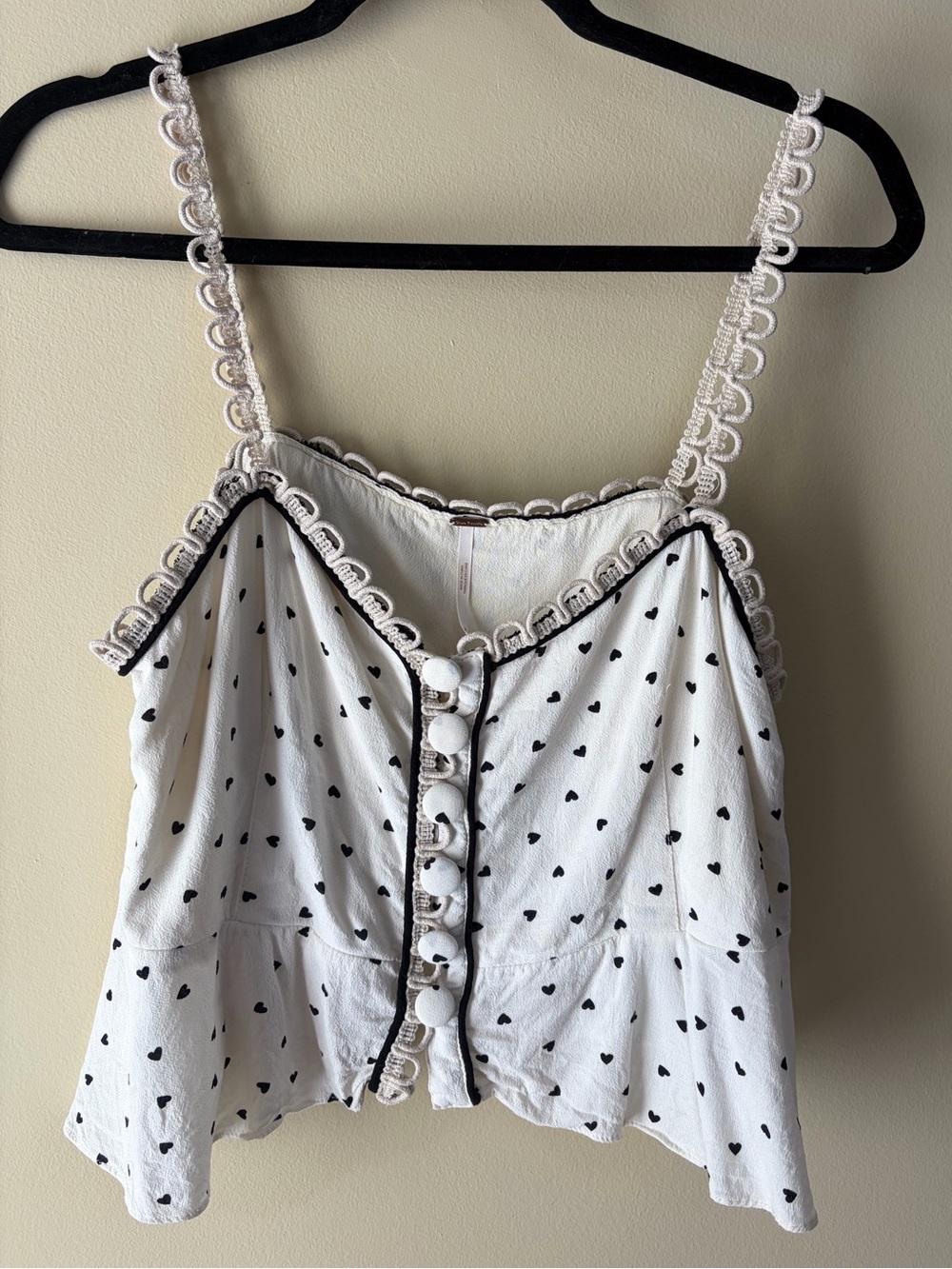 Free People White Black Heart Print Scalloped Button-Front Crop Camisole Medium
